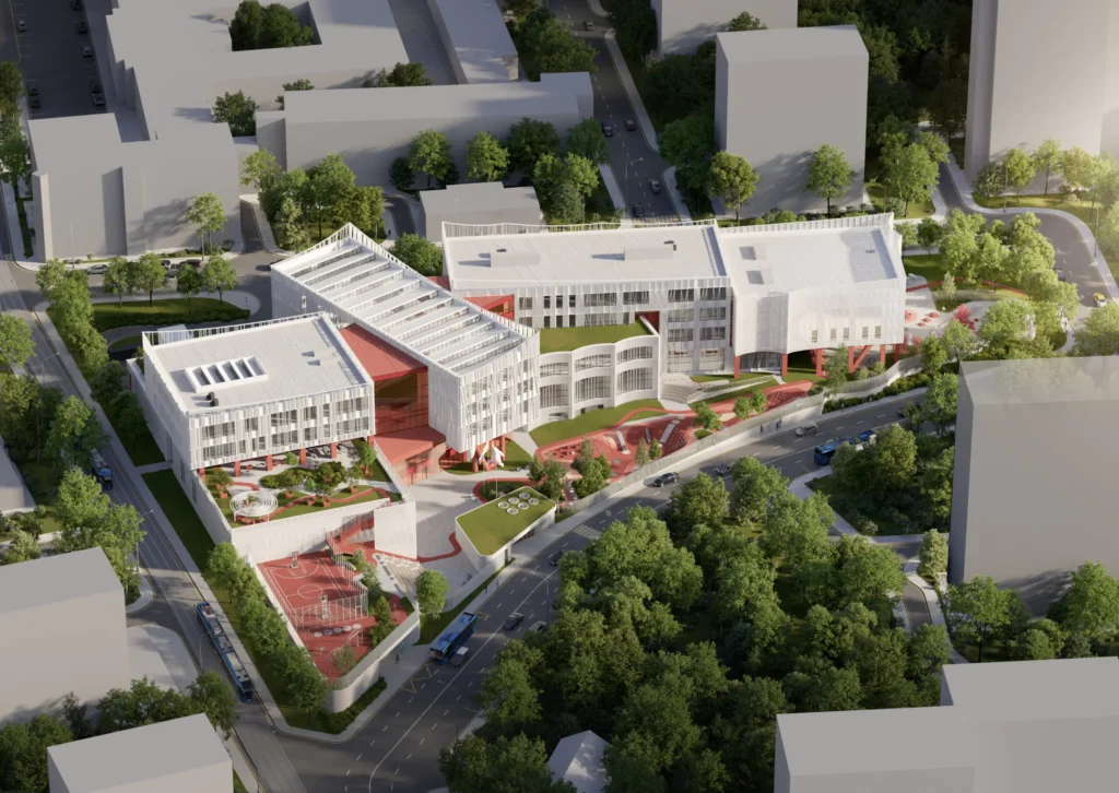 Aerial view of ATRIUM’s 1,100-pupil school in Moscow with landscaped courtyards and sports areas