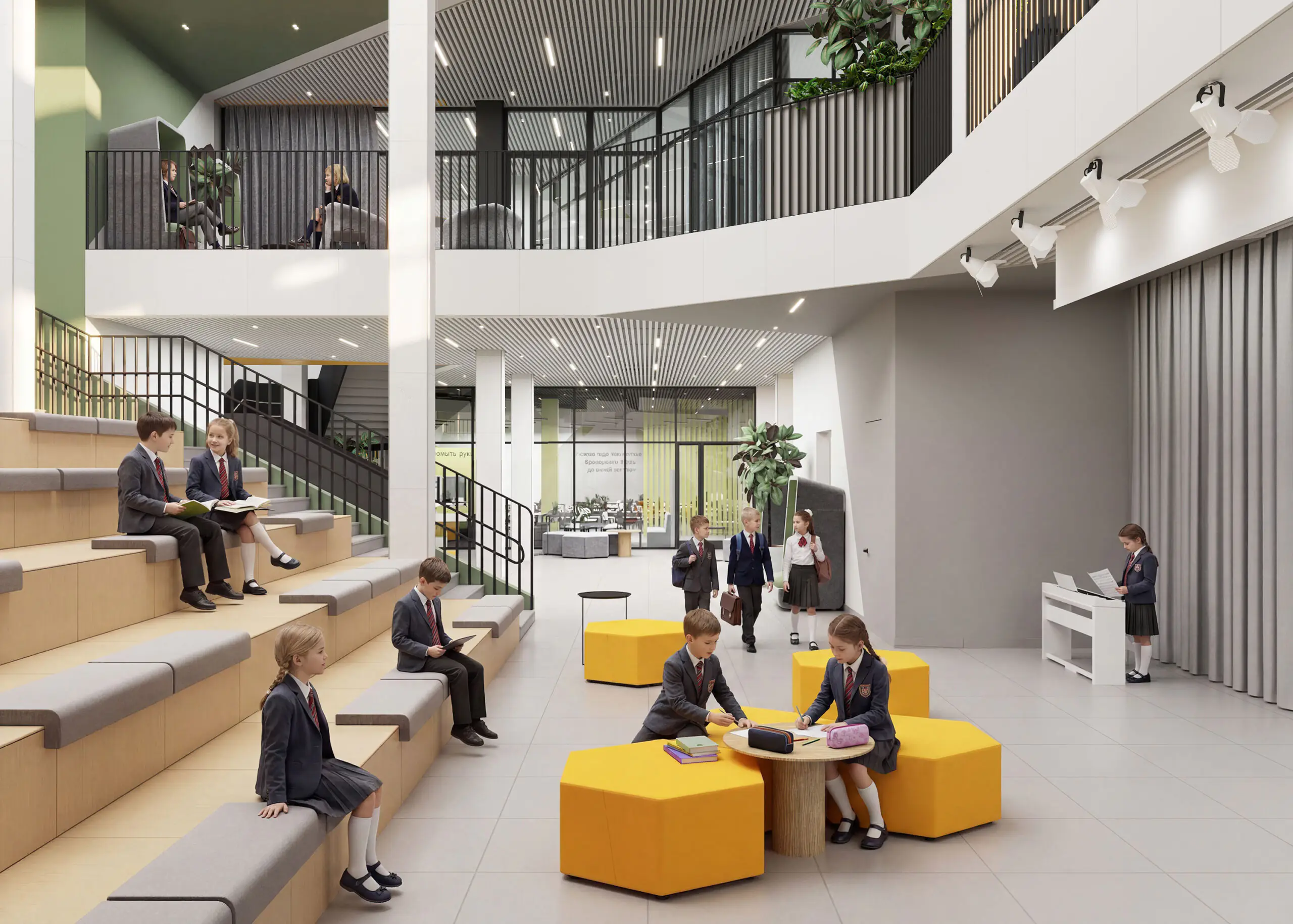 Multi-storey school atrium with amphitheatre for learning and events
