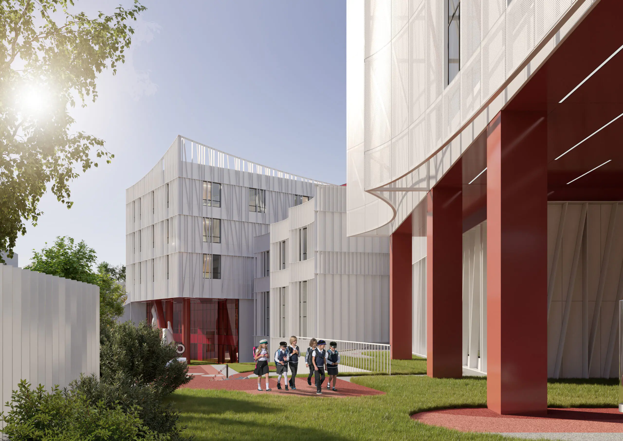 Landscaped school courtyard with informal seating and outdoor learning areas