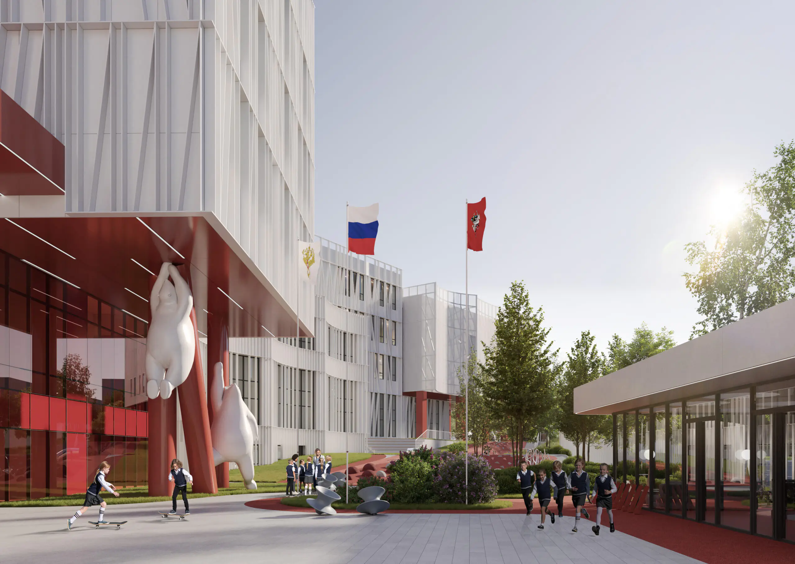 Main entrance and landscaped courtyard of ATRIUM’s 1,100-pupil school in Moscow