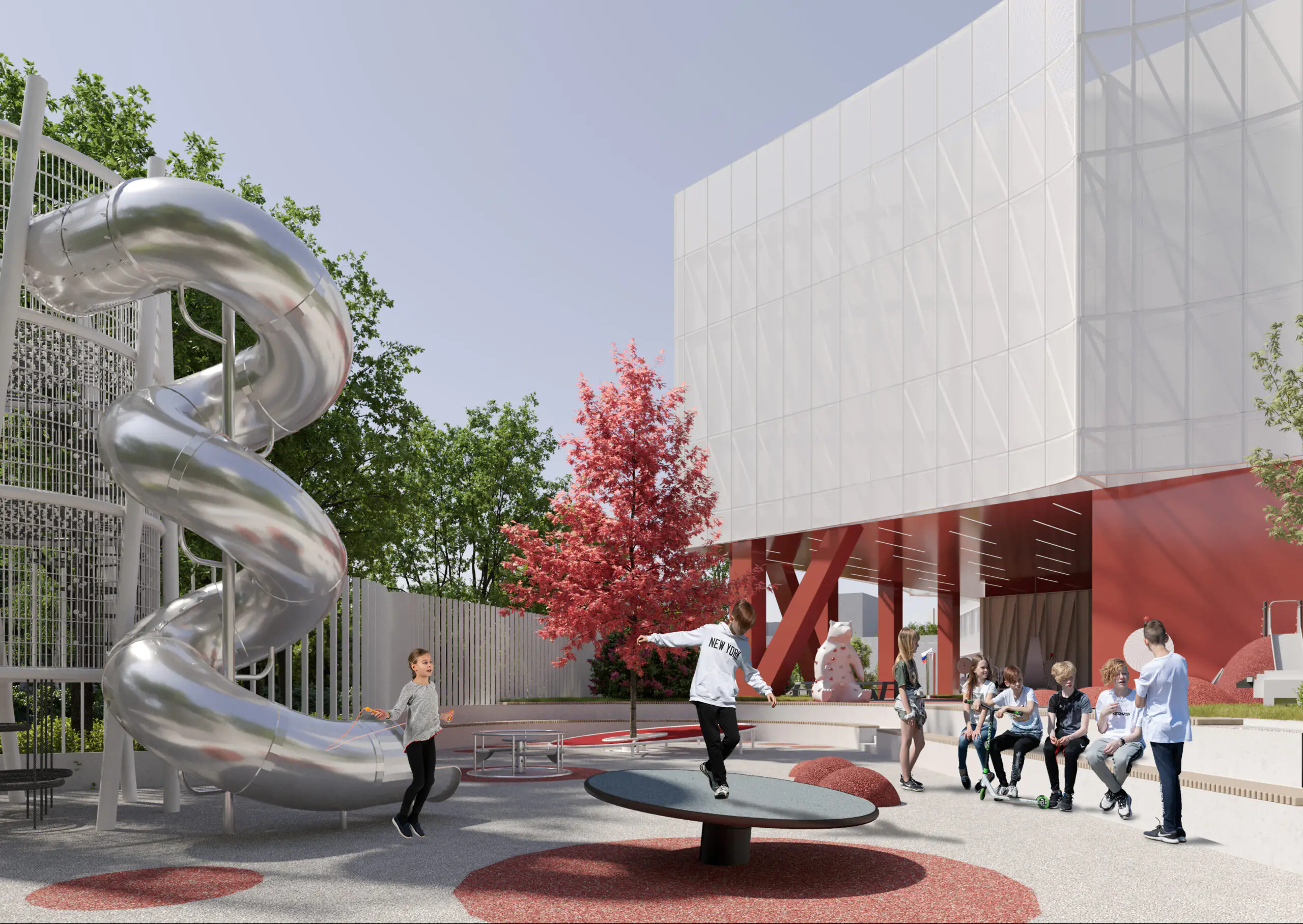 Outdoor sports area beside the contemporary school building in Moscow